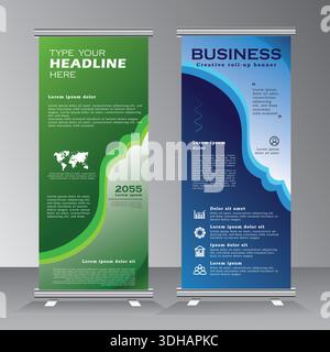 Piedistallo per banner avvolgibile con forma astratta, design con spazio verde e blu, striscione verticale, x modello per banner standee. eps vettoriale Illustrazione Vettoriale