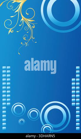 Sfondo vettoriale astratto blu luminoso caratterizzato da moderni cerchi concentrici geometrici e quadrati in contrasto con intricati vortici ornamentali dorati Illustrazione Vettoriale