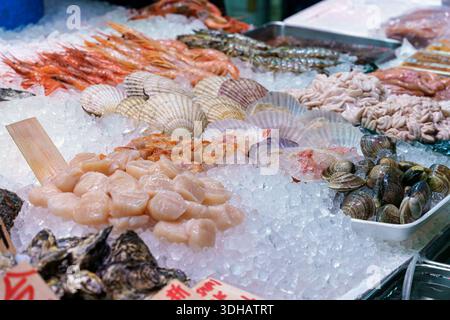 Vari frutti di mare freschi, tra cui capesante, gamberetti, vongole in vendita su bancarelle di ghiaccio tritato nel mercato del pesce Foto Stock