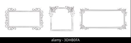Cornici decorative dal design minimalista disegnate a mano con dettagli vintage in uno stile pittoresco. Bordi semplici ed eleganti per la cartoleria per matrimoni Illustrazione Vettoriale