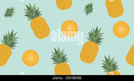 Un modello vettoriale moderno e vivace caratterizzato da ananas gialli interi con corone verdi e fette di ananas circolari. Illustrazione Vettoriale