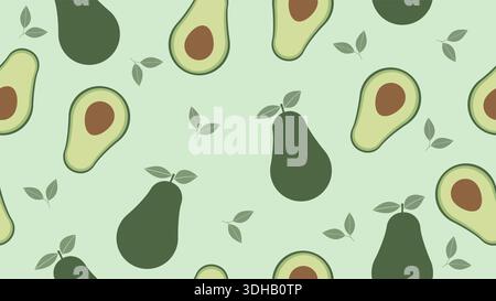 Un modello vettoriale moderno e minimalista con avocado interi, fette di avocado dimezzate con pozze e delicate foglie verdi. Illustrazione Vettoriale