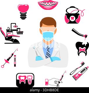 Dental Clinic Concept con sedia dentista piatta a due icone colorate, dentista medico, bretelle, siringa a cartuccia e strumenti dentali. Illustrazione vettoriale isolata Illustrazione Vettoriale