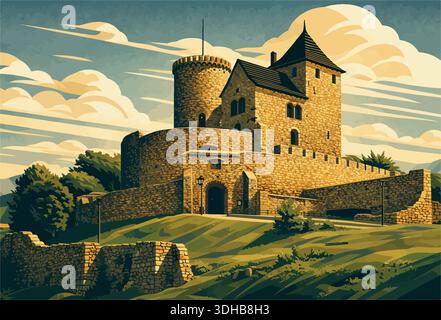 Un'illustrazione stilizzata del castello di Będzin in Polonia, con la sua caratteristica torre rotonda, le mura difensive in pietra e la cima della collina Illustrazione Vettoriale