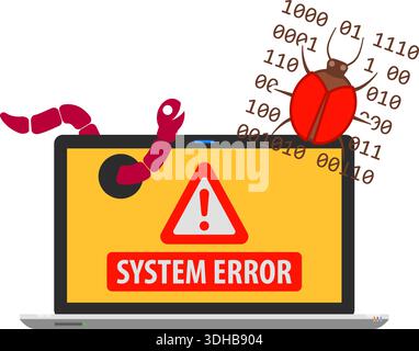 Concetto di sicurezza Internet e criminalità informatica con icona piatta come virus, worm ed errore. Vettore per opuscoli, poster, siti Web e pubblicità per la stampa. Illustrazione Vettoriale