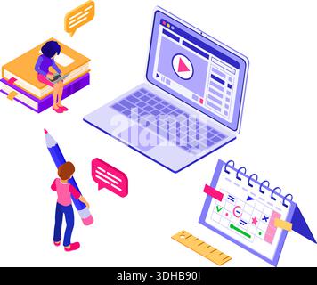 Formazione online o esame a distanza con carattere isometrico corso Internet e-learning da ragazzi e ragazze a casa che studiano online su laptop isometrico educa Illustrazione Vettoriale