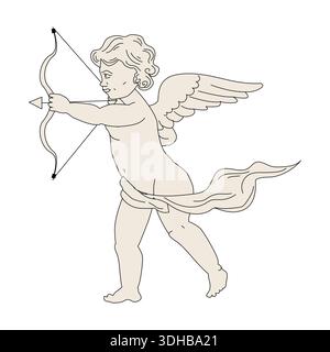 Elegante cupido con arco e freccia, doddle in stile vintage, sketch in line art Illustrazione Vettoriale