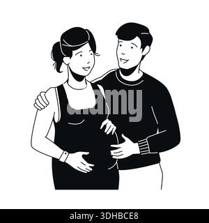 Genitori in attesa - illustrazione di design piatto in bianco e nero Illustrazione Vettoriale