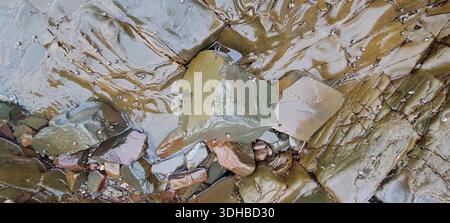 Rocce bagnate che brillano sulla spiaggia mostrando linee e texture Foto Stock
