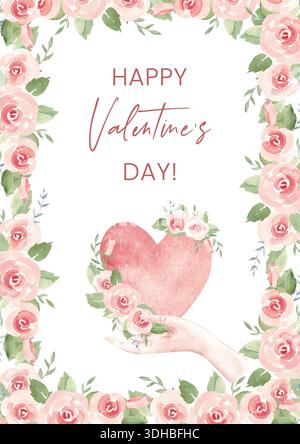 Romantico biglietto di San Valentino con bordo floreale, cuore e delicato gesto della mano. Design di saluto dipinto a mano per biglietti di auguri e social media Foto Stock