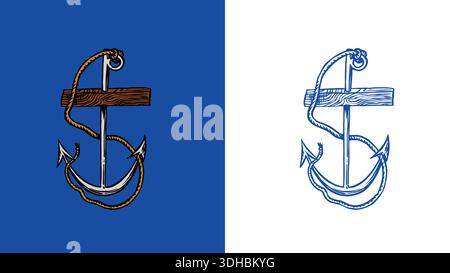 Vecchia ancora come simbolo degli illuminati e di altri temi come i pirati marini e i marinai. Simbolo di casa. Incisione disegnata a mano in stile vintage. Illustrazione Vettoriale