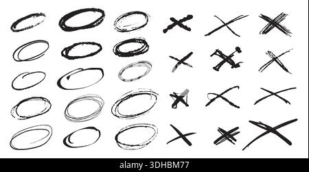 Cerchi e segni X per le note. Raccolta di elementi disegnati a mano grunge per caselle di controllo o elenchi. simboli di convalida Illustrazione Vettoriale