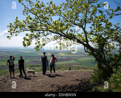 Quattro escursionisti, cani in piedi su una vetta rocciosa, godendosi la giornata di sole e il vasto paesaggio. Vista, punto panoramico del monte Říp, Repubblica Ceca Foto Stock