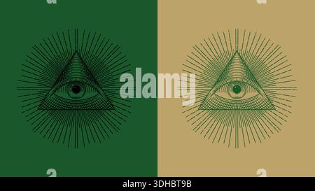 Tutti vedono l'occhio della provvidenza, dei simboli massoni e massoni. Illuminati e segreto unione o fratellanza incisione con logo, disegnato a mano Illustrazione Vettoriale