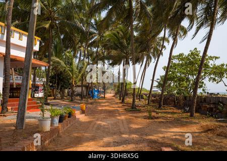 Bekal, India - 14 marzo 2023: Un sentiero sterrato delimitato da palme corre lungo un edificio residenziale con piante in vaso, con strutture aggiuntive e un muro di pietra visibile più avanti lungo il sentiero vicino alla costa. Foto Stock