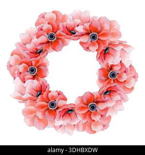 Papaveri rosso acquerello con corona rotonda isolata su bianco per motivi floreali a molla. Modello di adesivi disegnati a mano con spazio di copia con campo Foto Stock