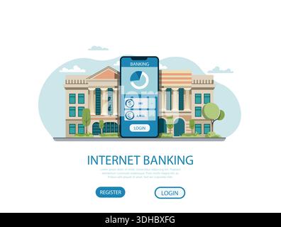 App per il mobile banking e tradizionali edifici bancari Illustrazione Vettoriale