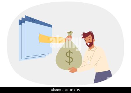 L'uomo fa soldi su Internet e riceve una borsa di dollari dalla mano che sporge dalle finestre del computer Illustrazione Vettoriale