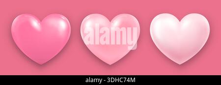 Un set di cuori rosa voluminosi con luci e ombre su sfondo rosa. Icone del cuore per il tuo design. Illustrazione Vettoriale