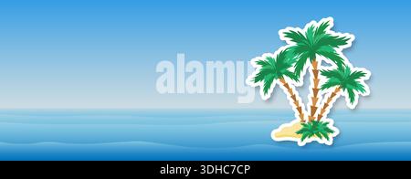 Uno striscione estivo con un mare o un oceano azzurro astratto e un'isola con palme. Sfondo estivo con mare e palme per il tuo design. Illustrazione Vettoriale