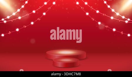 Sfondo rosso con illuminazione, elementi realistici della passerella, cuori, ghirlande ed effetti di luce. Sfondo rosso per San Valentino. Illustrazione Vettoriale