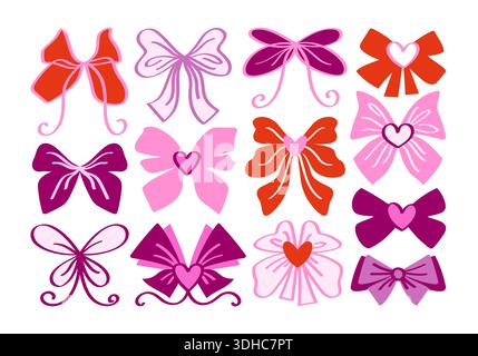Set di nastri, fiocchi, accessori con cuore. Fiocchi vintage rosa, viola e rosso per la decorazione dei capelli. Simpatici adesivi di coquette disegnati a mano. Foto Stock