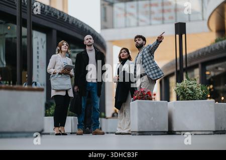Gruppo di professionisti in un abbigliamento elegante e informale in una piazza urbana, un punto di riferimento Foto Stock