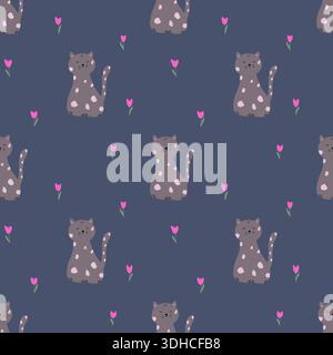 motivo senza cuciture con fiori di tulipano e simpatici gatti. Stampa infantile per carta da parati, tessuto per bambini, interni per camerini, in stile doodle Foto Stock