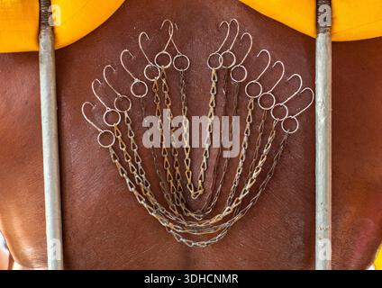 Malaysia, Kuala Lumpur, devoto indù al Thaipusam Religious Festival nelle grotte di Batu con la schiena trafitto di ganci e catene Foto Stock