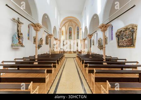 Francia, Meurthe et Moselle, Allondrelle la Malmaison, chiesa di San Nicola costruita nel 1867, coro con vetrate colorate realizzato intorno al 1898-1900 dal maestro vetraio di Nancy Joseph Janin dopo che questi prese il controllo della bottega di Victor Höner raffigurante frol da sinistra a destra San Francesco d'Assisi, San Nicola e Sant'Enrico il Pio, navata con due rilievi realizzati nel 1749 dallo scultore di Longwy Martin Jacques raffigurante a destra il giudizio universale, a sinistra in primo piano l'assunzione della Vergine Maria Foto Stock
