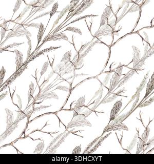 Un motivo senza cuciture con file diagonali di varie erbe steppe e rami secchi. Illustrazione acquerello per progetti ecologici, poster, design di hotel, Foto Stock