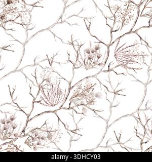 Un motivo senza cuciture con una varietà di erbe steppe, fiori e rami disposti diagonalmente. Illustrazione acquerello per progetti ecologici, poster, bollenti Foto Stock