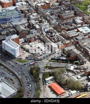 Veduta aerea guardando il SEast del centro citta' di Preston, dove la Ring Way Road, Corporation Street & Fishergate si incontrano al Fishergate Shopping Centre Foto Stock