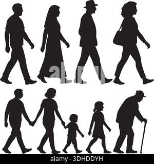 Set di sagome nere di diverse persone che camminano, tra cui una famiglia che si tiene per mano, un anziano con un bastone e individui in abbigliamento casual isolati Illustrazione Vettoriale