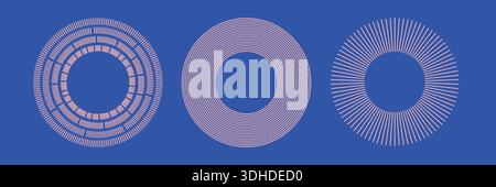 Cerchi radiali con linea concentrica, telai, soli, specchio boho. Forme bohémien astratte. Design vettoriale geometrico accattivante. Illustrazione Vettoriale