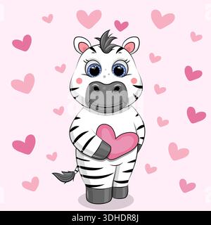 Carino cartone animato Zebra con cuore. Illustrazione vettoriale di un animale su sfondo rosa con cuori. Illustrazione Vettoriale
