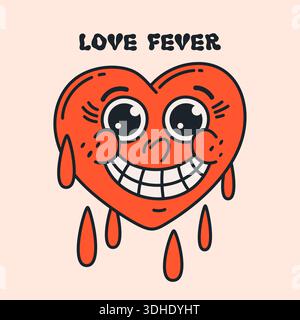 Illustrazione cartoni animati dal cuore sorridente in stile retrò con un volto divertente, perfetta per i disegni di San Valentino. Love Fever Heart Character con Illustrazione Vettoriale