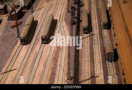 Scalo ferroviario con binari paralleli multipli e carrozze ferroviarie fisse. Foto Stock