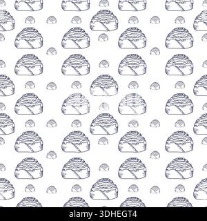 Motivo lineare senza cuciture di rotoli di cannella, grande e piccola illustrazione digitale disegnata a mano, perfetta per prodotti da forno, dessert o accoglienti cucine. Foto Stock