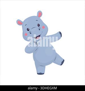 Un simpatico ippopotamo è un personaggio popolare nei libri per bambini. Questa illustrazione vettoriale piatta presenta forme morbide e colori pastello. Illustrazione Vettoriale