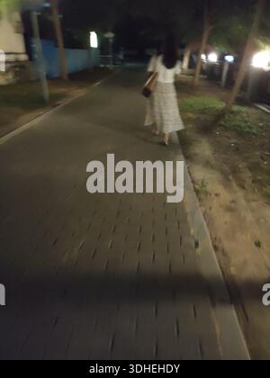 Passeggiata notturna sfocata sul sentiero in mattoni con la borsa per donna Foto Stock