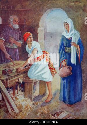 Illustrazione del giovane Gesù Cristo che aiuta suo padre con la sua falegnameria con sua madre Maria che guarda da Antique Children's Book Scripture Stor Foto Stock