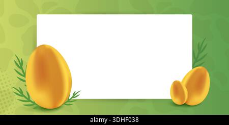 Uova di Pasqua dorate con cornice creativa bianca su sfondo colorato. Modello di biglietto di auguri di buona Pasqua con spazio di copia per il testo. Illustrazione 3D di lusso Foto Stock