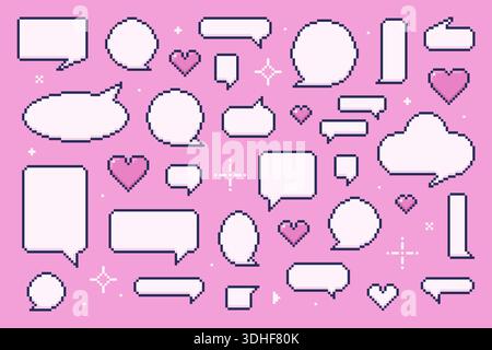 Set cuori e bolle vocali pixel art Illustrazione Vettoriale