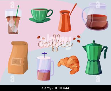 Un grande set di elementi per il caffè. Utensili da caffè, accessori, bicchieri, chicchi, sacchetti di carta e pasticcini. Perfetto per il tuo progetto Illustrazione Vettoriale