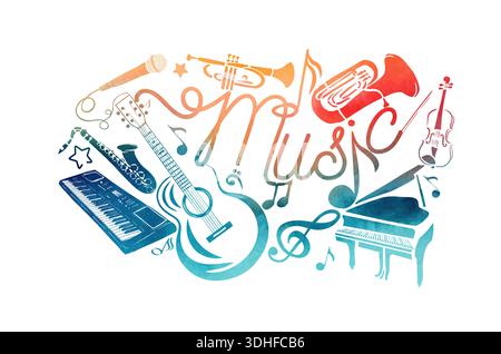 Musica astratta colorata. Molti strumenti musicali. disegnato a mano. Non ai, illustrazione vettoriale Illustrazione Vettoriale