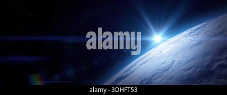 Pianeta blu Terra con mondo oceano e nuvole nello spazio su un cielo stellato. Esopianeta abitabile. Elementi di questa immagine forniti dalla NASA. Foto Stock