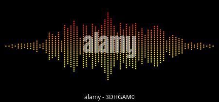 Design a forma di equalizzatore astratta giallo-rosso. Musica tratteggiata elemento a onde sonore. Informazioni sulla visualizzazione del segnale radio audio. Schema di linea dell'assistente vocale digitale brillante. Lettore di brani musicali di esempio. Vettore Illustrazione Vettoriale