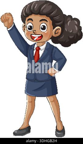 Donna d'affari cartoni animati in tuta, sorridente, alzando pugno, posa energica, illustrazione vettoriale pulita Illustrazione Vettoriale