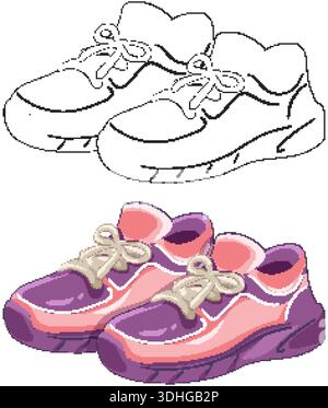 Illustrazione vettoriale di sneakers con contorno nero e cartoni animati viola e rosa colorati Illustrazione Vettoriale